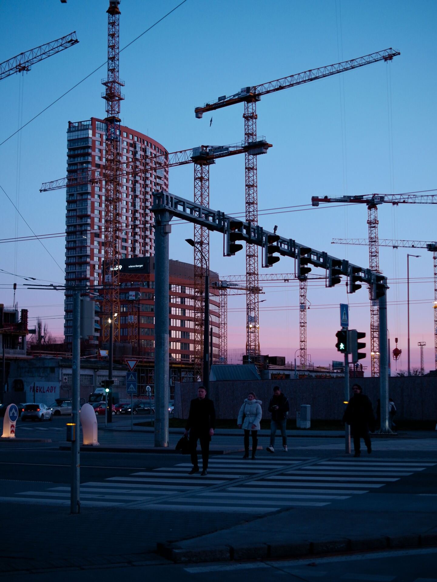 Construction site crossing at dusk