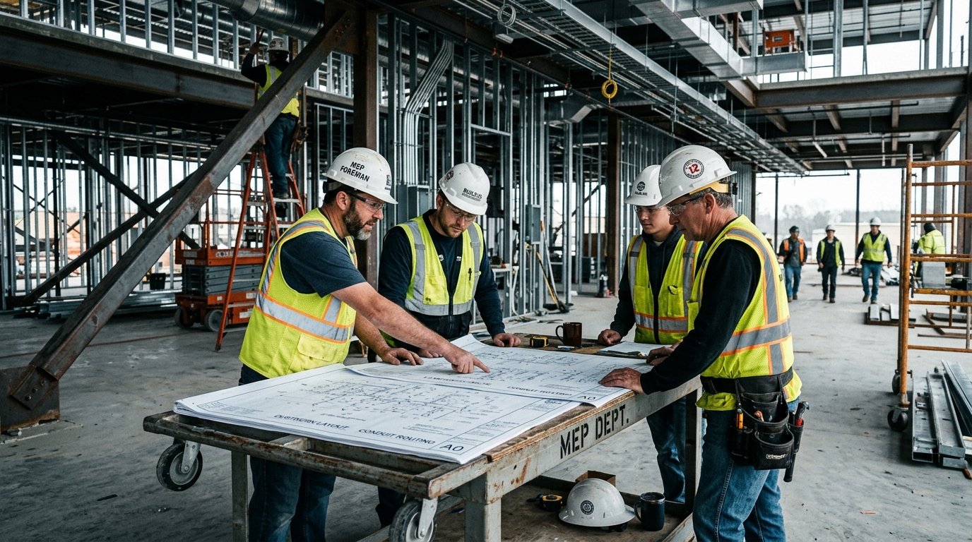Trade subcontractors reviewing mechanical, framing, and electrical drawings