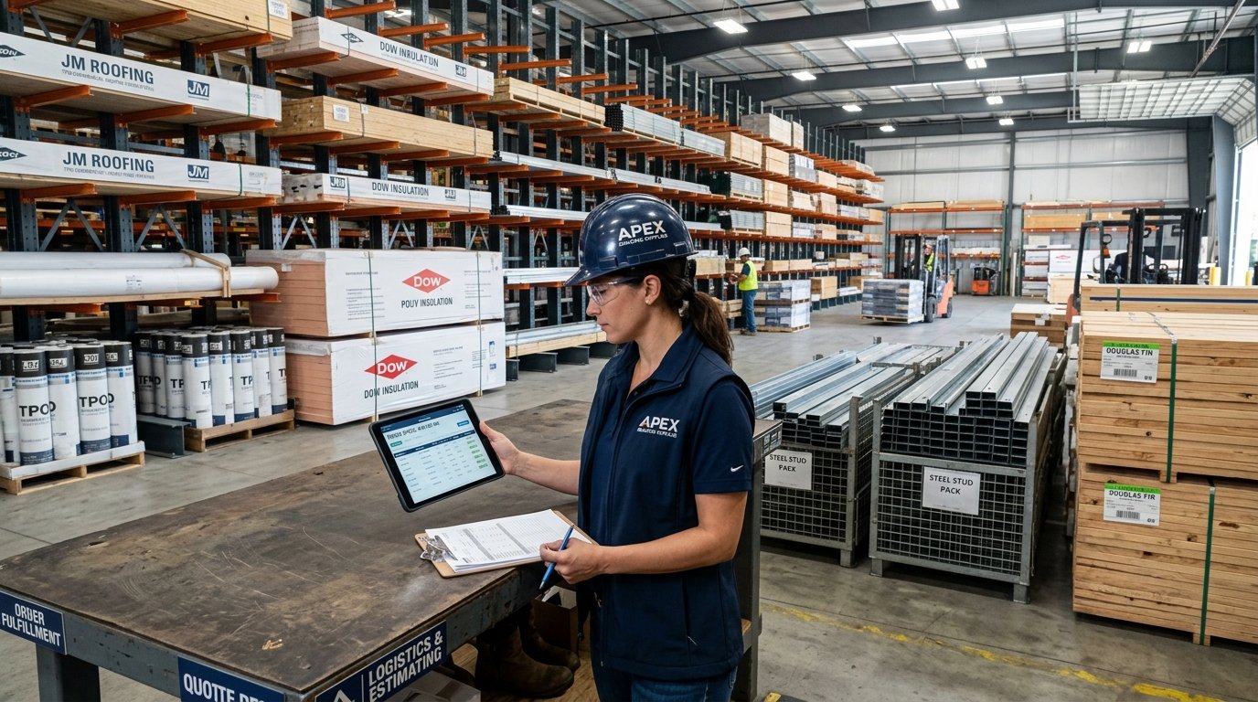 Building material warehouse distribution and construction product staging